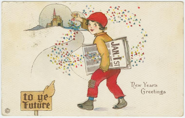 New Year's greetings Newsboy throwing confetti